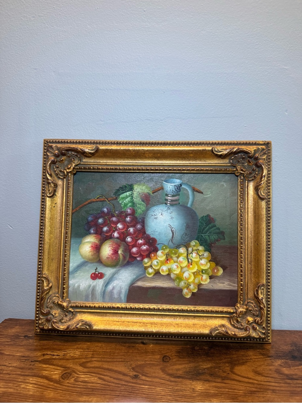 Still Life Fruit Painting in Gold Frame - Blue Vase and Yellow Grapes